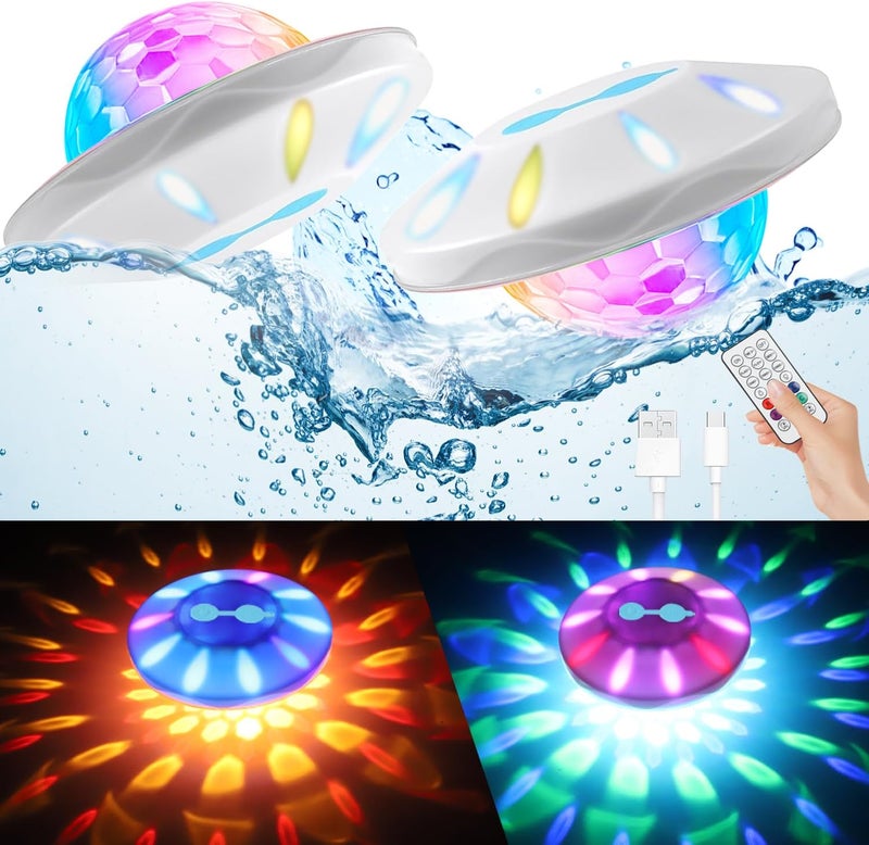 BOXPSII Floating Pool Lights, Pool Lights IP68 Waterproof, Rechargeable RGB Upper and Lower Color Changing Pool Floating Light with 6 Dynamic Lighting, Floating Light for Pool, Garden,Paths-2PACK - Image 1